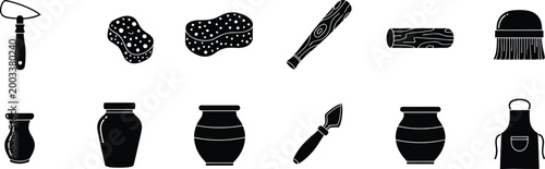 Set of black silhouette icons for pottery tools and ceramic vases and clay items