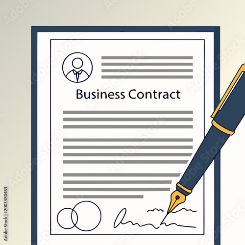 Business contract document with pen signing and corporate details