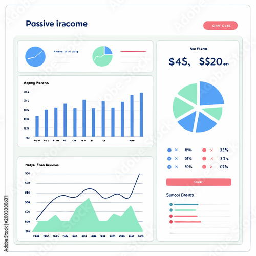 Passive income financial dashboard with charts and graphs blue