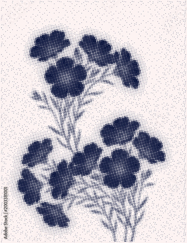 Indigo halftone floral illustration with dotted texture, vintage style botanical composition on minimal background