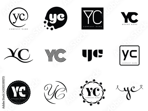 YC logo company template. Letter y and c logotype. Set different classic serif lettering and modern bold text with design elements. Initial font typography.