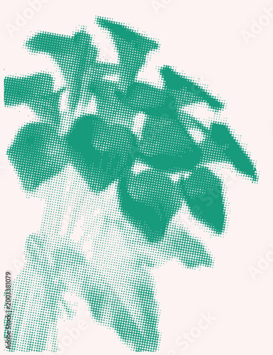 Teal halftone floral pattern with dotted texture, modern abstract botanical background in minimalist style