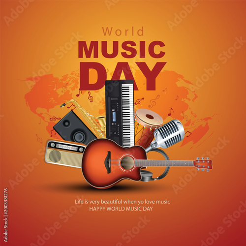 happy world music day and musical instruments with pink background. vector illustration design