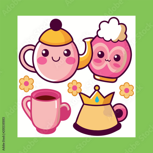 Foto Little witch at a festive table with a cup a flying magical teapot a flower vase