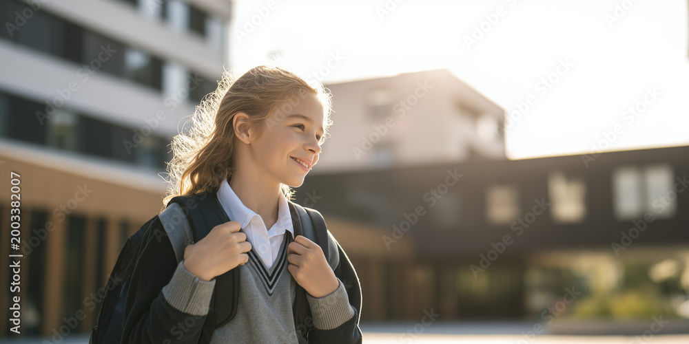 Fototapeta premium Young girl smiling while walking with backpack outside school 