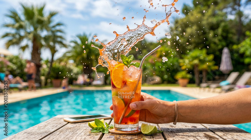 Una mano sostiene un vaso de cóctel de frutas veraniego con un espectacular salpicón de agua en un ambiente de playa al aire libre. La bebida naranja contiene lima, bayas y menta sobre una mesa rústic © Argiduna