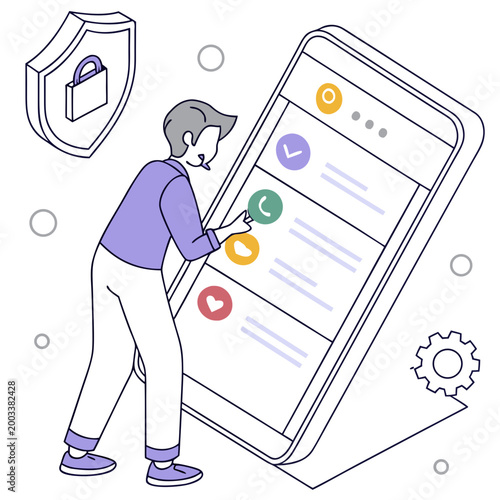 Man interacting with a large smartphone screen settings gear