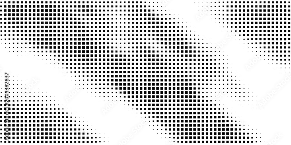 Fototapeta premium Abstract halftone corner fade with dark pixel dots forming smooth curved transition across white space, modern minimal monochrome background ideal for posters layouts presentations and graphic design