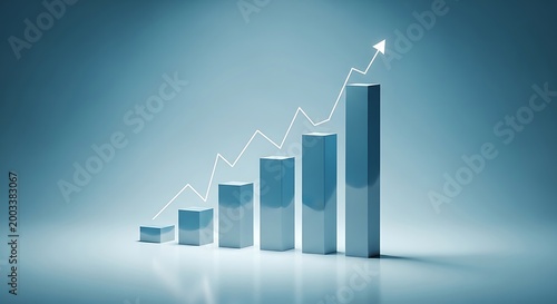 A 3d bar graph with an upward trend on a blue gradient background showing growth and statistics