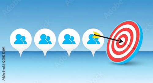 A bullseye target with an arrow hitting one of four speech bubbles containing people icons on a blue background