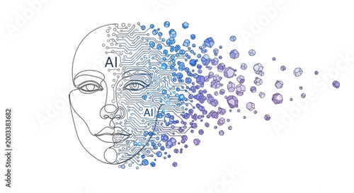 Digital Identity Continuous Line Art Human Face AI Circuits Particles Transformation Minimal Vector Illustration