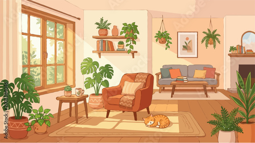 Cozy Sunlit Living Room with Indoor Plants and Sleeping Cat