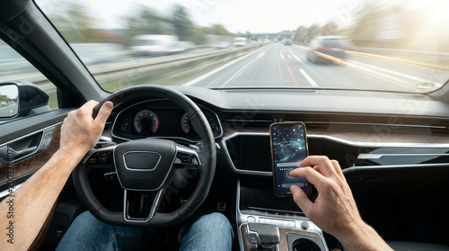 POV of faceless driver holding smartphone while driving fast on blurred highway