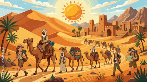 Camel Caravan and Travelers Trekking Through Sahara Desert Toward Ancient City
