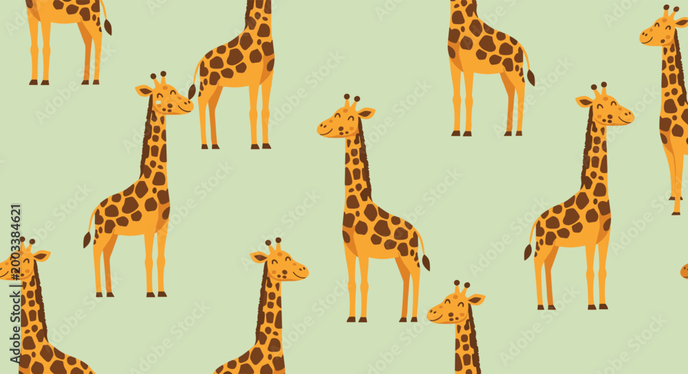 Obraz premium Fun safari seamless pattern featuring friendly cartoon giraffes with brown spots and long necks on a light pastel green background for children.