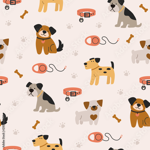 Cute dogs vector set. Dogs illustration collection. Pet character design with dog care, with dogs, shampoo, ball, dog food, bowl, toys, food, grooming supplies. Clipart of funny pet animals.