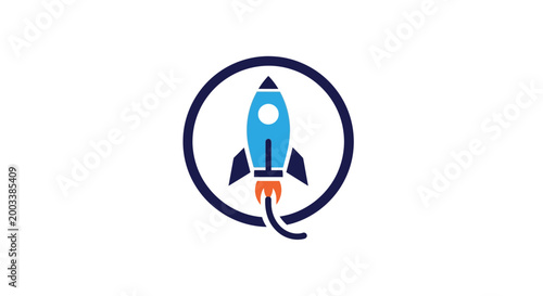 Rocket ship logo in a circle.