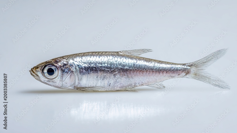 Naklejka premium Single tiny whole fresh whitebait sprat fish with silver translucent scales and large eye on clean white background. AI generated image