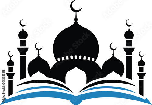 Mosque silhouette with crescent moons and open book on white background  Islamic symbol