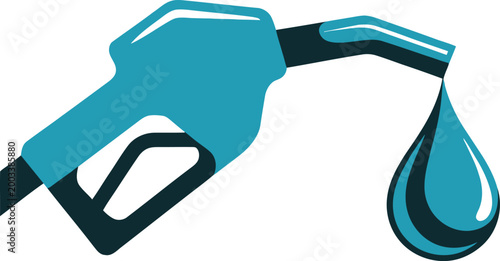 Teal gas pump nozzle with a single drop of fuel falling isolated on white background