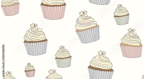 Delicious dessert seamless pattern of vanilla cupcakes with swirl frosting and pink heart toppers on a cream background.