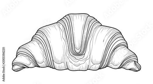 Intricate black and white engraving style illustration of a flaky croissant showing detailed pastry texture on white background.