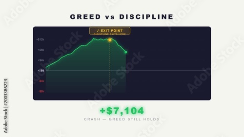 Greed vs discipline trading concept rising profit chart green growth zone financial psychology investment strategy success mindset animation