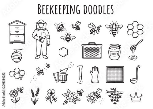 Hand Drawn Beekeeping Icons Set – Honey, Bees, Hive, Tools