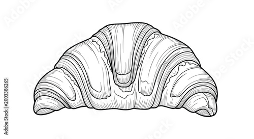 Fine line art engraving of a buttery French croissant isolated on a white background for bakery menu or food design project.