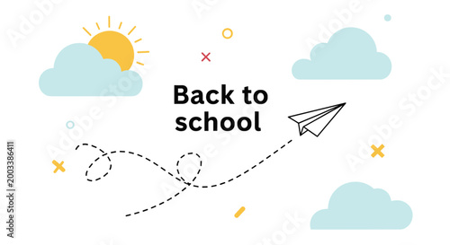 Back to school themed graphic with a yellow sun, blue clouds, and a paper airplane flying along a dotted path on white.