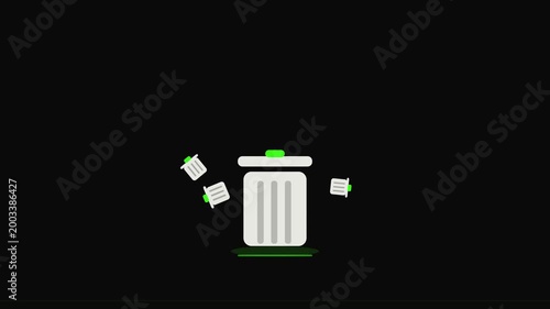 Animated Illustration of Trash Bins Falling into a Recycling Bin with Dynamic Motion