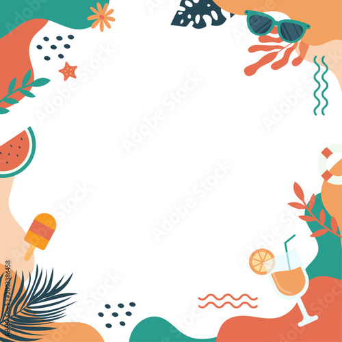 Fond estival tropical avec cadre décoratif, formes organiques et icônes minimalistes. Grand espace texte idéal pour réseaux sociaux, affiches et visuels marketing.