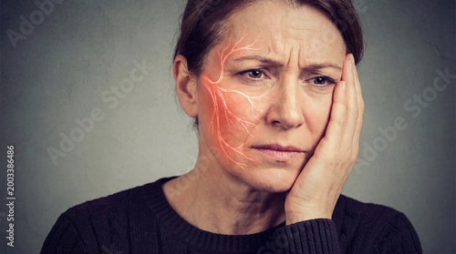 Woman touching cheek with visible nerve inflammation red highlighted. Concept of facial pain, trigeminal neuralgia or toothache. Medical diagnostic and health treatment awareness.