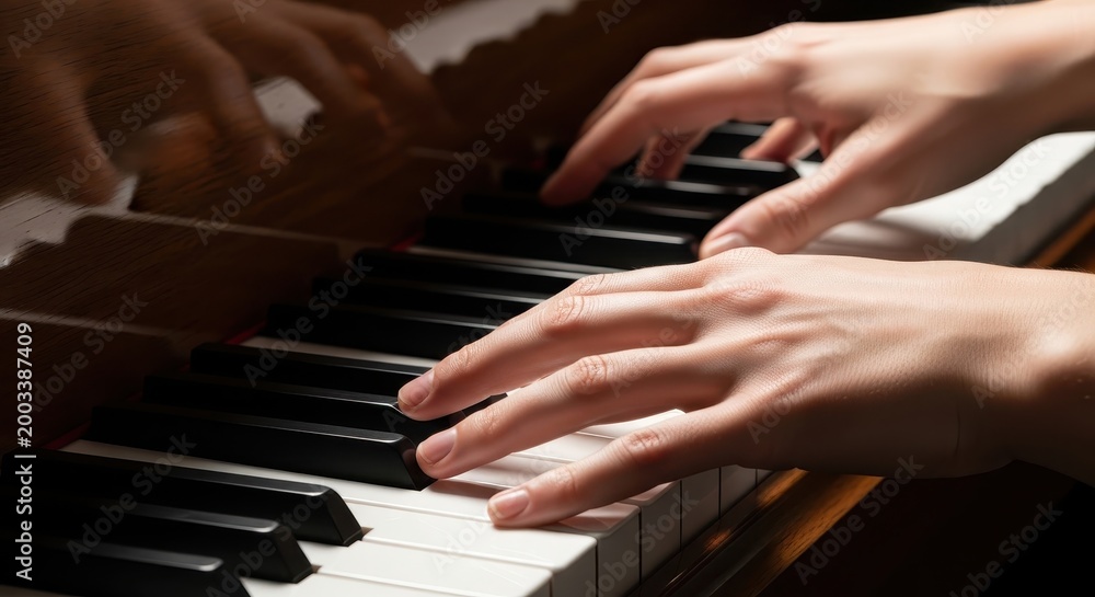 Fototapeta premium A person's hands are playing black and white keys on a piano indoors