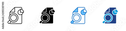 Report Data Analysis Multiple Style Icon Design Vector - Document with magnifying glass representing business report analysis, financial data investigation, and statistical document review