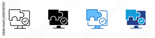 Software Integration Complete Multiple Style Icon Design Vector - Monitor with puzzle piece representing successful software integration, plugin installation verification, and solution compatibility