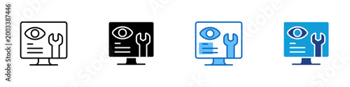 System Monitoring Dashboard Multiple Style Icon Design Vector - Monitor with eye and wrench representing IT system monitoring, maintenance oversight, and operational performance management