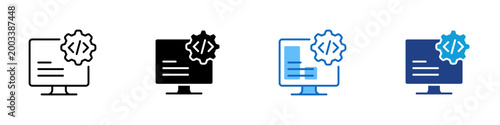 Web Content Management Multiple Style Icon Design Vector - Monitor displaying document lines beside a gear representing CMS configuration, backend content editing, and web application management