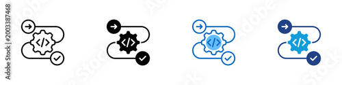 Automated Code Workflow Multiple Style Icon Design Vector - Gear connected by curved arrow path and checkmark representing automated pipeline execution, CI/CD process flow, and task completion routing