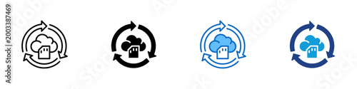 Cloud Backup Cycle Multiple Style Icon Design Vector - Circular arrows around cloud and storage card representing automated cloud backup rotation, sync cycle management, and memory storage recovery