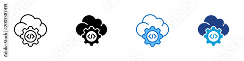 Cloud Dev Configuration Multiple Style Icon Design Vector - Cloud with gear representing cloud development configuration, DevOps backend engineering, and remote infrastructure code management