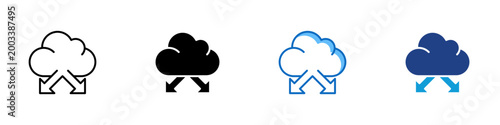 Cloud Download Multiple Style Icon Design Vector - Cloud with two downward arrows representing multi source cloud download, data retrieval, and file transfer from remote storage to local device