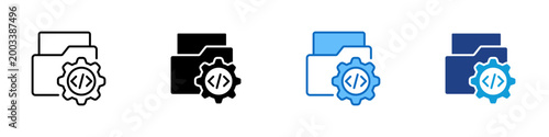 Code Repository Folder Multiple Style Icon Design Vector - Folder containing a gear representing code repository management, project file configuration, and source code storage organization