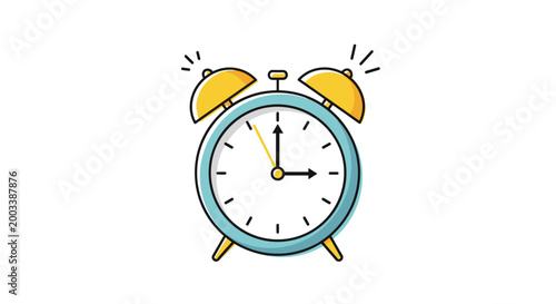 Classic blue alarm clock with two golden bells ringing loudly to wake up on a clean white minimalist background.