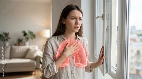 Woman feeling chest pain and breathing difficulty standing by window. Visualization of lungs for medical health concept. Diagnosis of respiratory disease, asthma or pneumonia symptom.