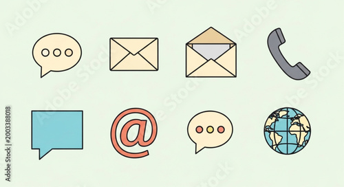 Collection of communication icons including email phone and chat bubbles.