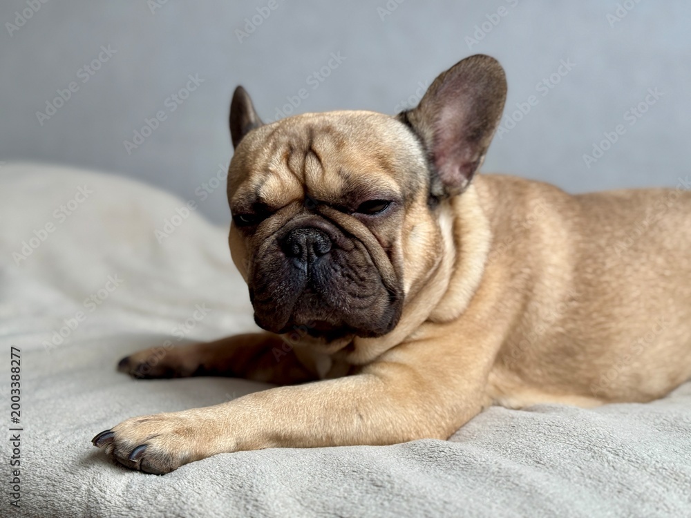 Obraz premium A cute, contented French bulldog of fawn color lies on a bed with a beige bedspread in a close-up home environment