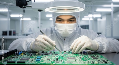 Technician in lab coat and mask works on circuit board with tool under lamp.
