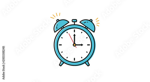 Classic blue twin bell alarm clock with ringing motion lines for time management, schedule, and morning wake up themes.