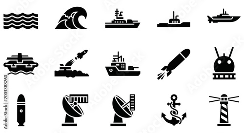Vector graphic illustration featuring various naval and marine icons